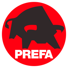 Prefa Logo, schwarzer Stier in rot gefülltem Kreis, mit weissem Schriftzug