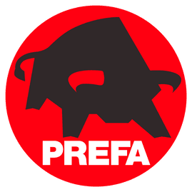 Prefa Logo, schwarzer Stier in rot gefülltem Kreis, mit weissem Schriftzug
